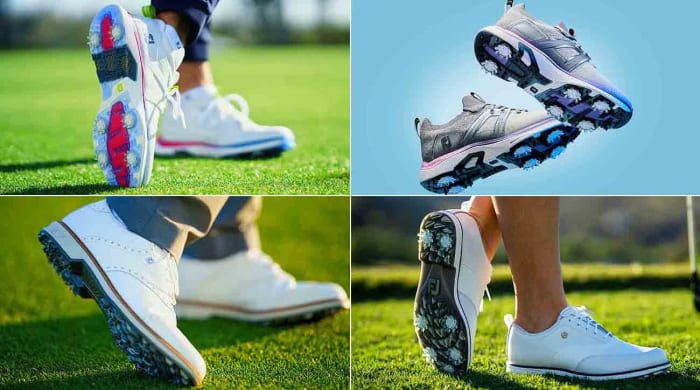 Footjoy models (clockwise from top left) HyperFlex carbon men's, HyperFlex women's, Premiere Issette women’s, Premiere Wilcox men's